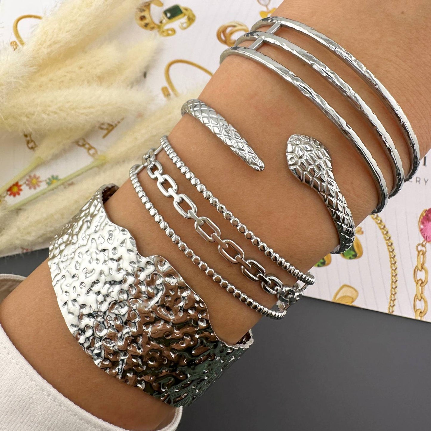 Stylish silver layered cuff bangle in stainless steel, non-tarnishing and adjustable