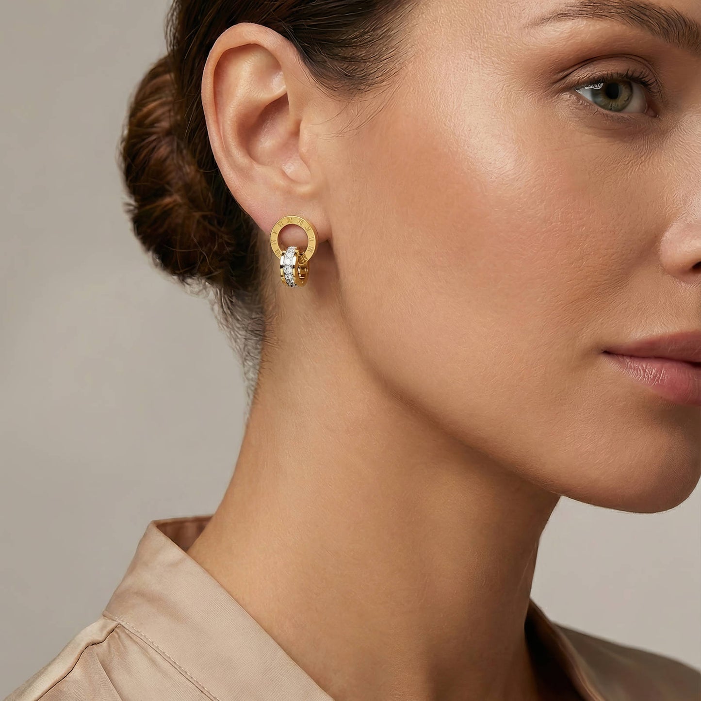Elegant Roman Radiance Drop Hoops - Gold Plating & Stainless Steel