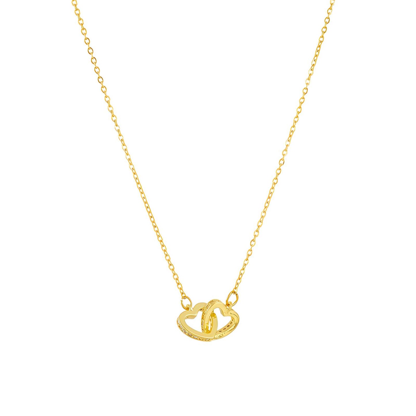 Gold necklace with a heart-shaped pendant on a white background