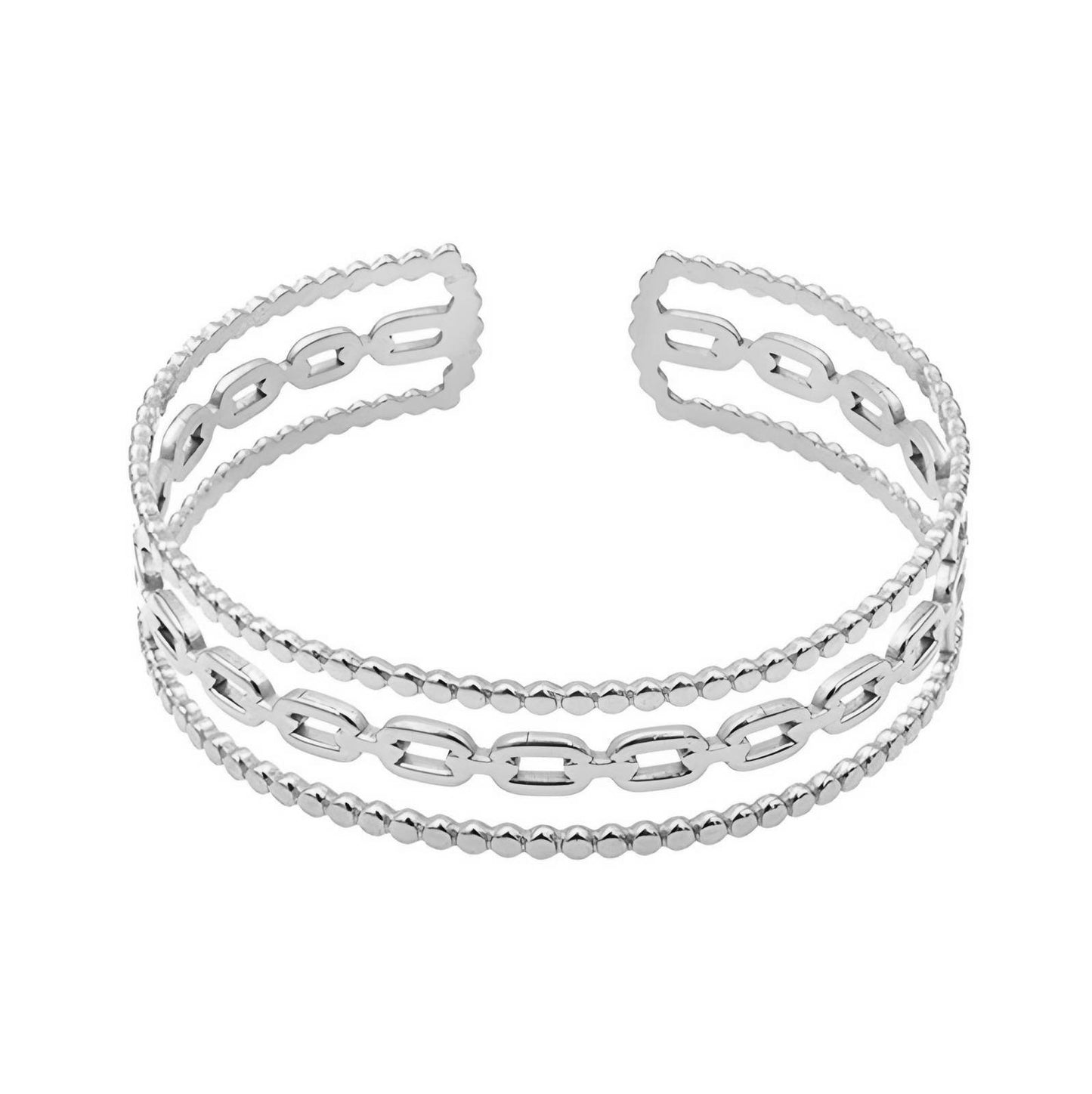 Stylish silver layered cuff bangle in stainless steel, non-tarnishing and adjustable