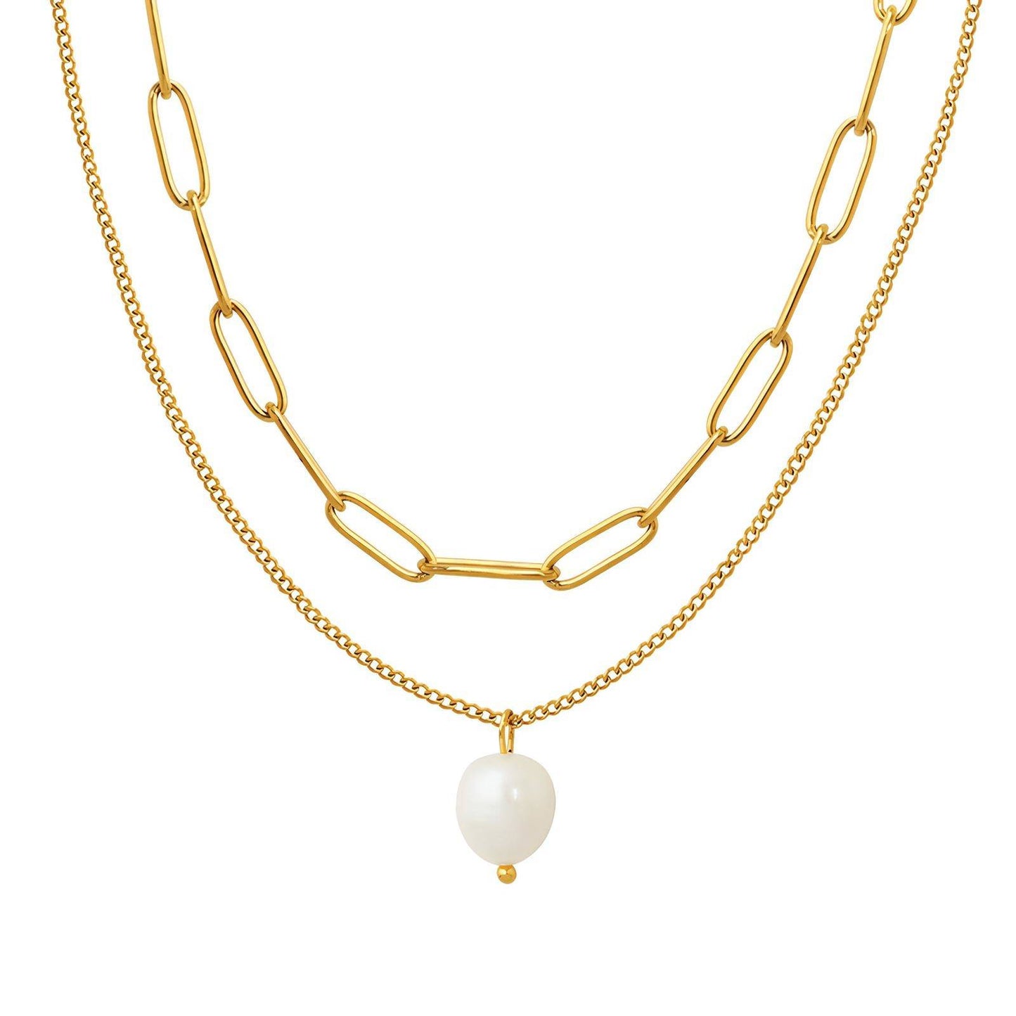 Duo Layered Pearl-Look Paperclip Necklace