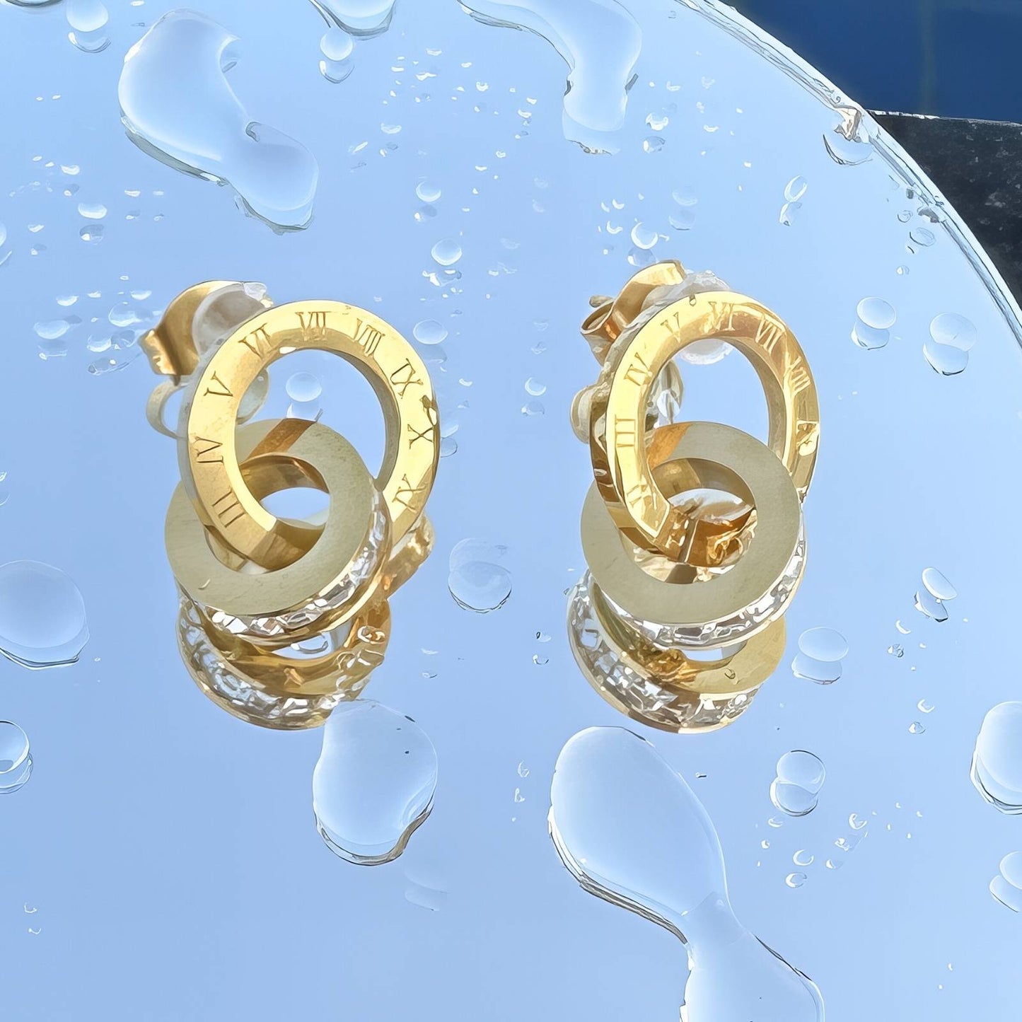 Elegant Roman Radiance Drop Hoops - Gold Plating & Stainless Steel