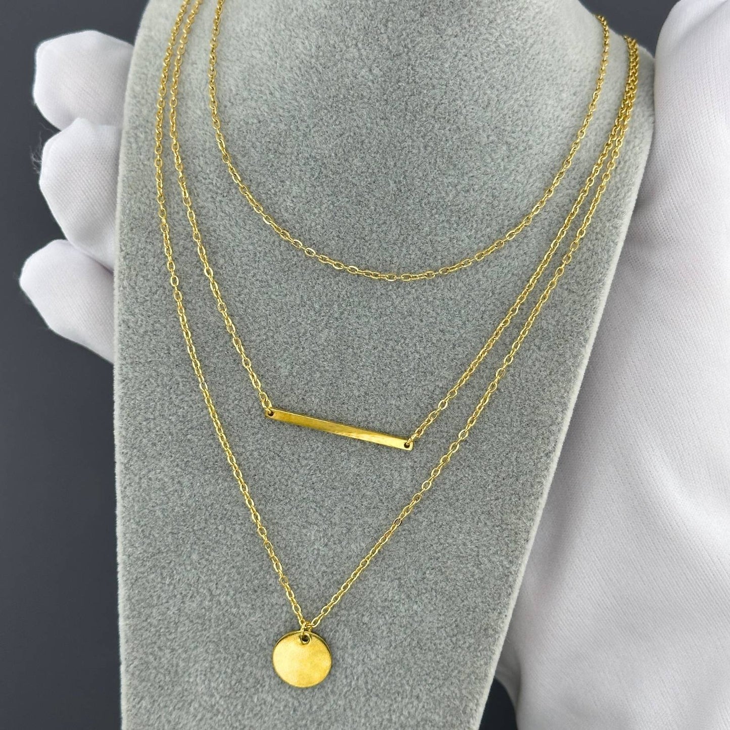 Layered Trio Necklace – Minimalist Gold Layered Chain with Bar and Disc Pendants