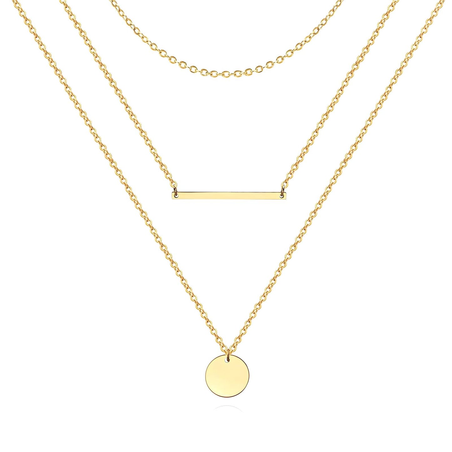 Layered Trio Necklace – Minimalist Gold Layered Chain with Bar and Disc Pendants