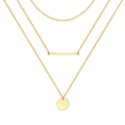 Layered Trio Necklace – Minimalist Gold Layered Chain with Bar and Disc Pendants