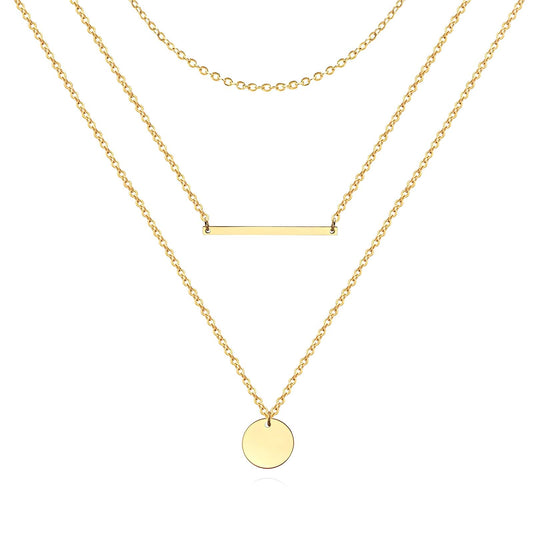 Layered Trio Necklace – Minimalist Gold Layered Chain with Bar and Disc Pendants