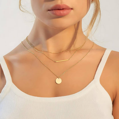 Layered Trio Necklace – Minimalist Gold Layered Chain with Bar and Disc Pendants