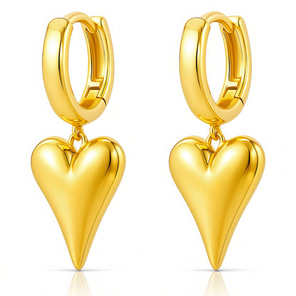 Gold heart-shaped hoop earrings on a white background