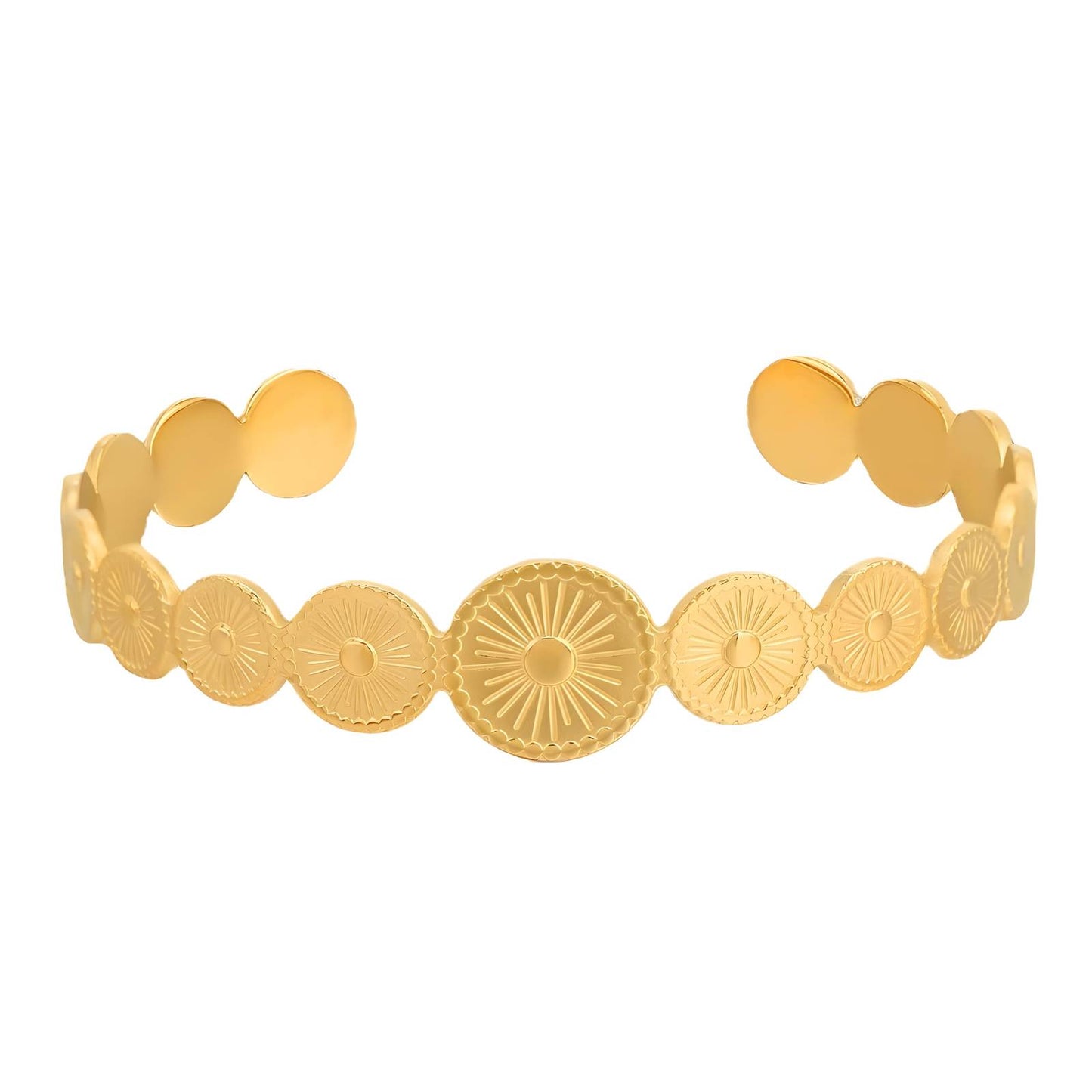 Gold bracelet with circular and floral patterns on a white background