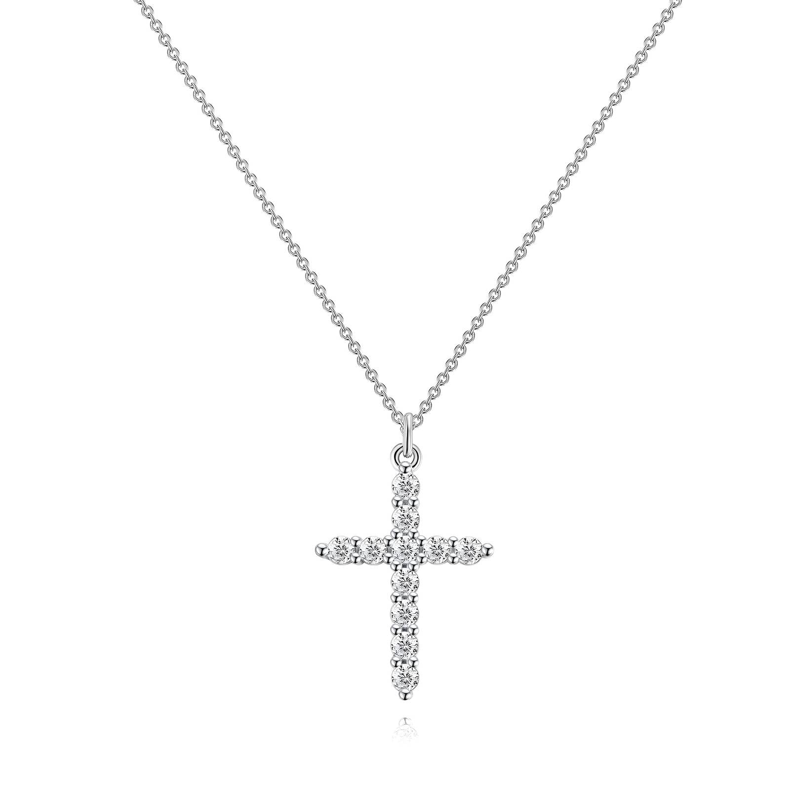 Silver cross pendant necklace on a white background