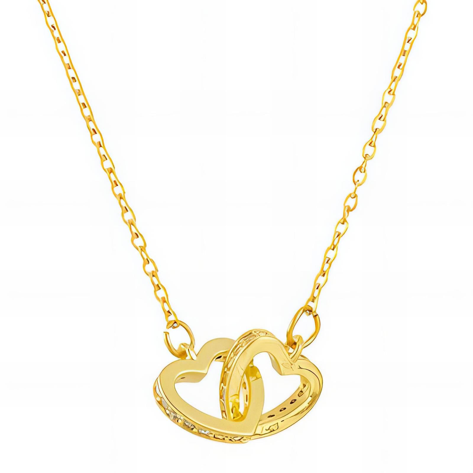 Gold necklace with a heart-shaped pendant on a white background