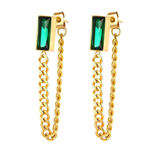 Emerald finish stud with chain detail earring