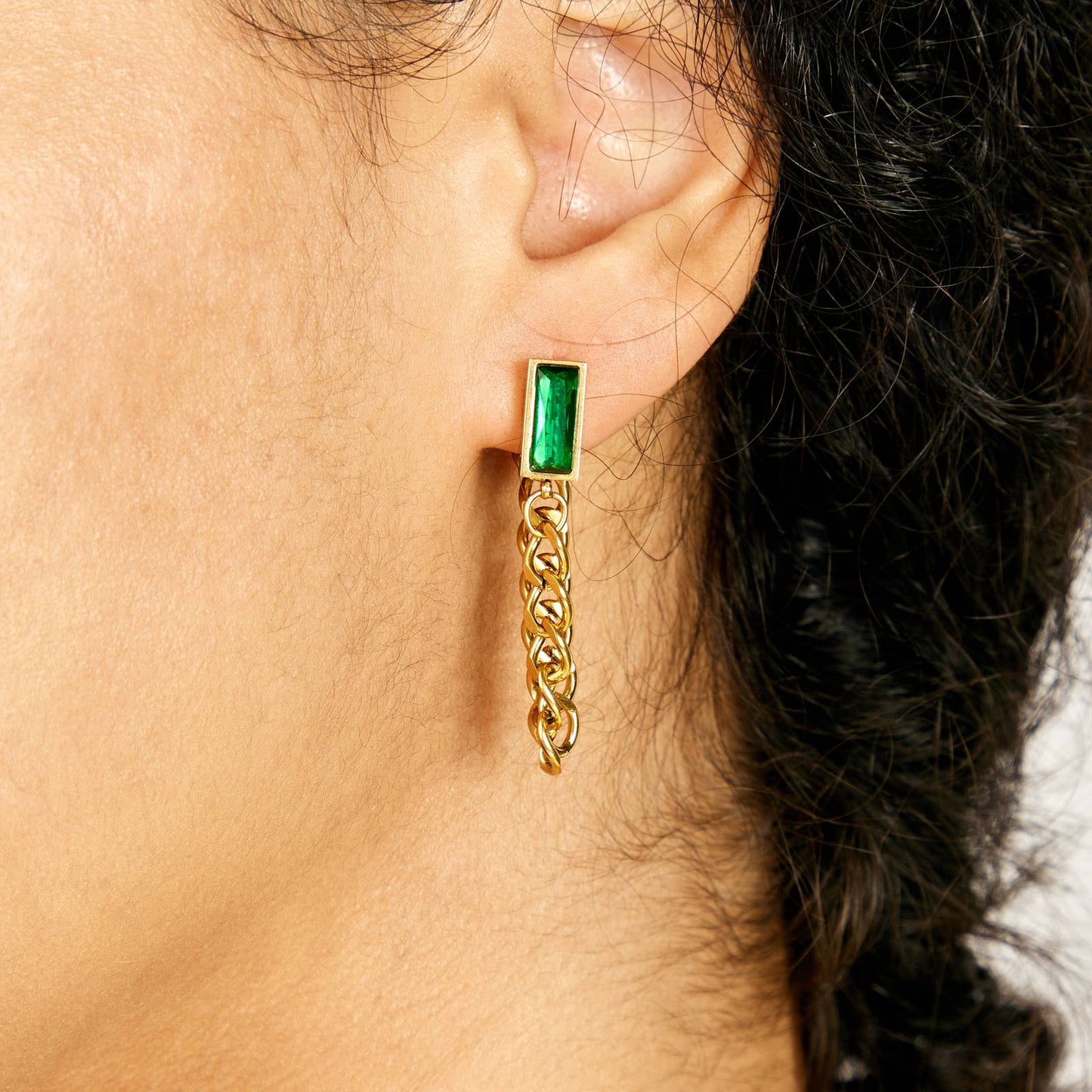 Emerald finish stud with chain detail earring