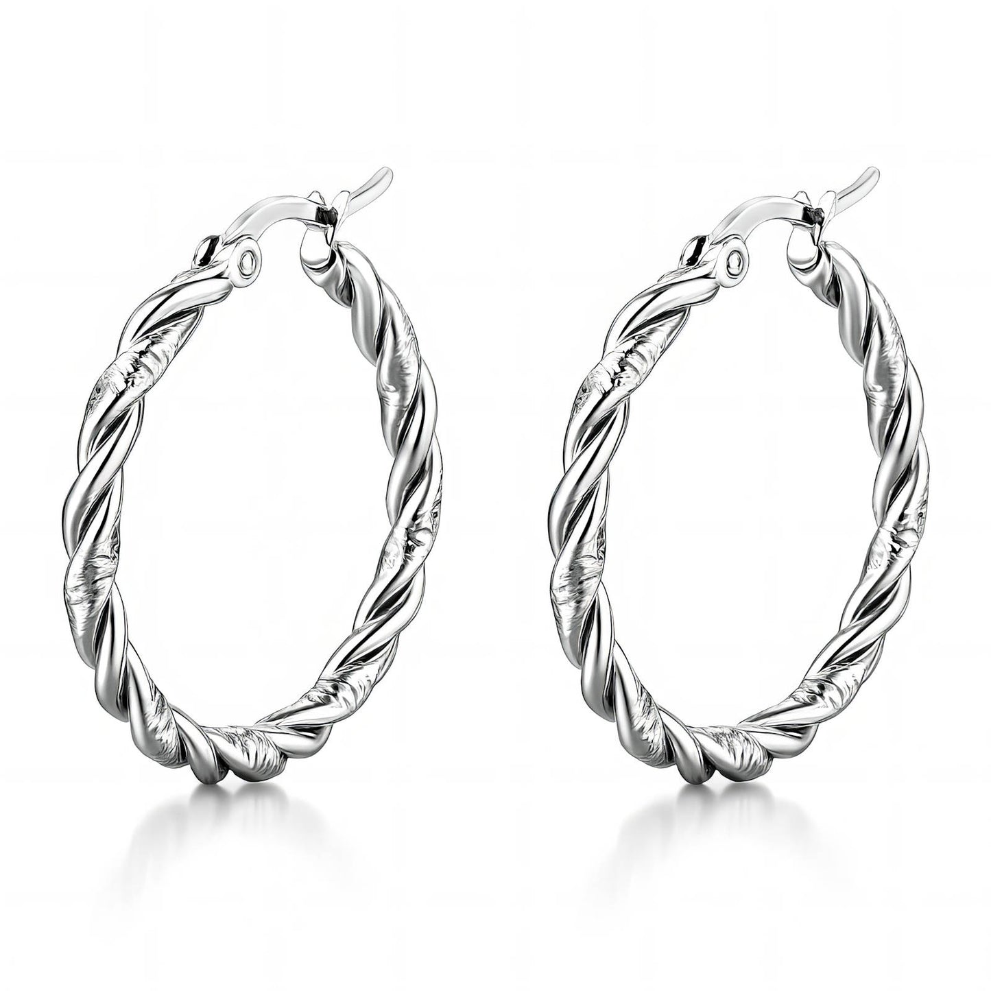 Pair of silver hoop earrings on a white background