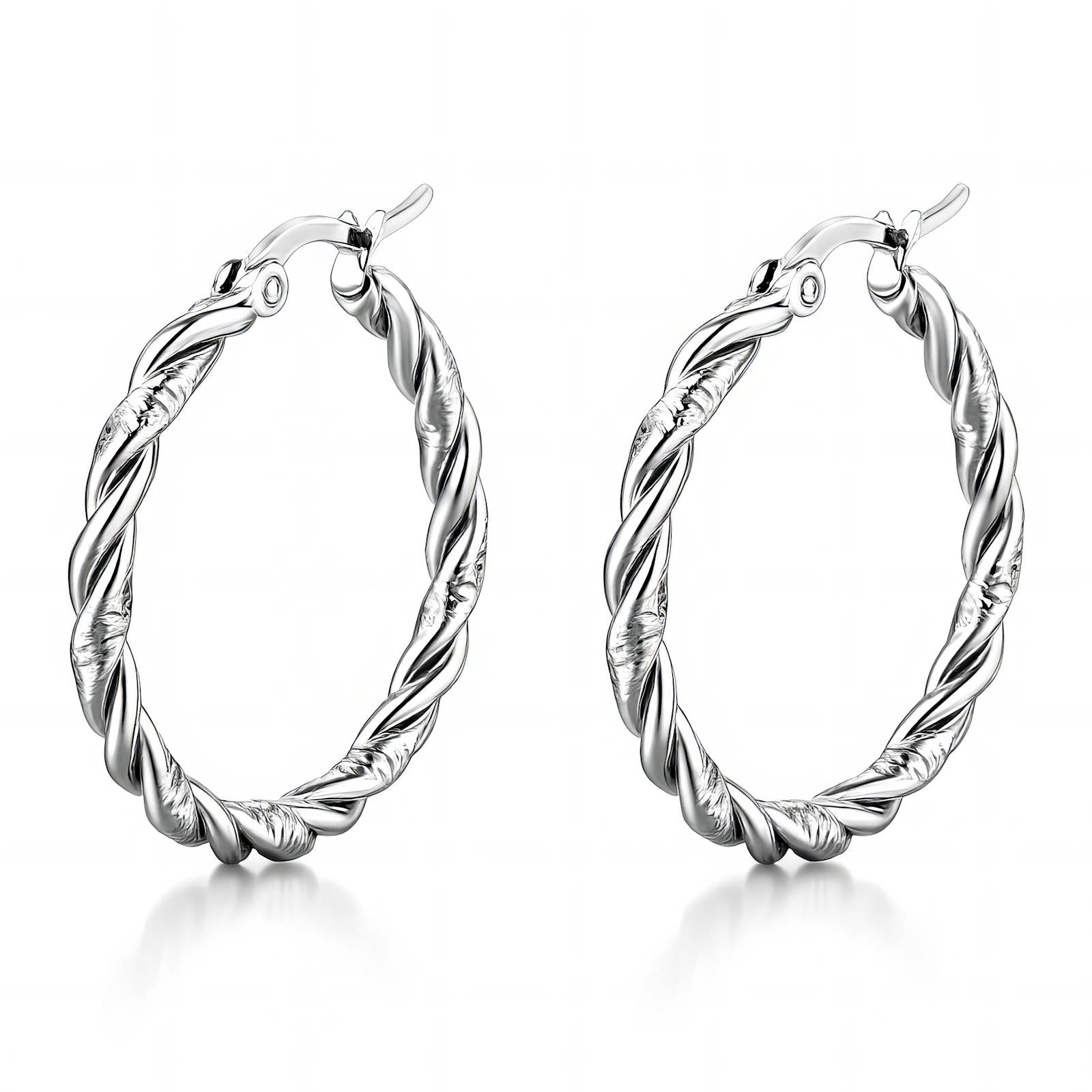 Pair of silver hoop earrings on a white background