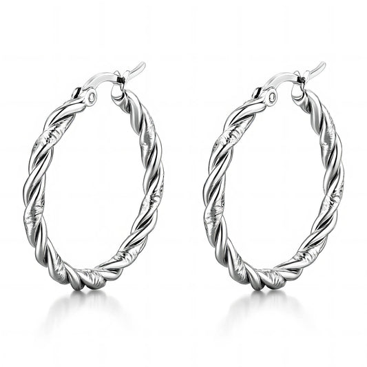 Pair of silver hoop earrings on a white background