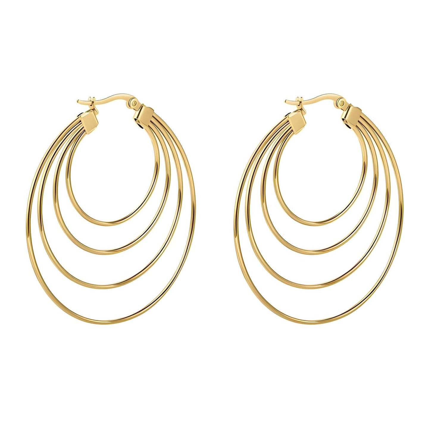 Gold hoop earrings with multiple concentric circles on a white background