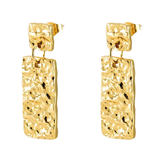 Stainless Steel Textured Rectangular Stud Earrings with Gold Plating