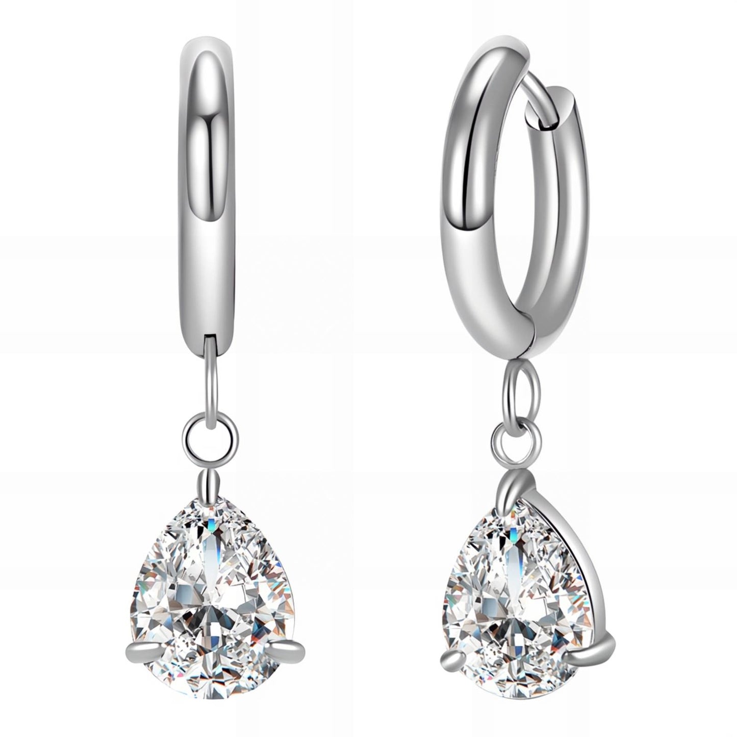 Silver hoop earrings with teardrop-shaped gemstones on a white background