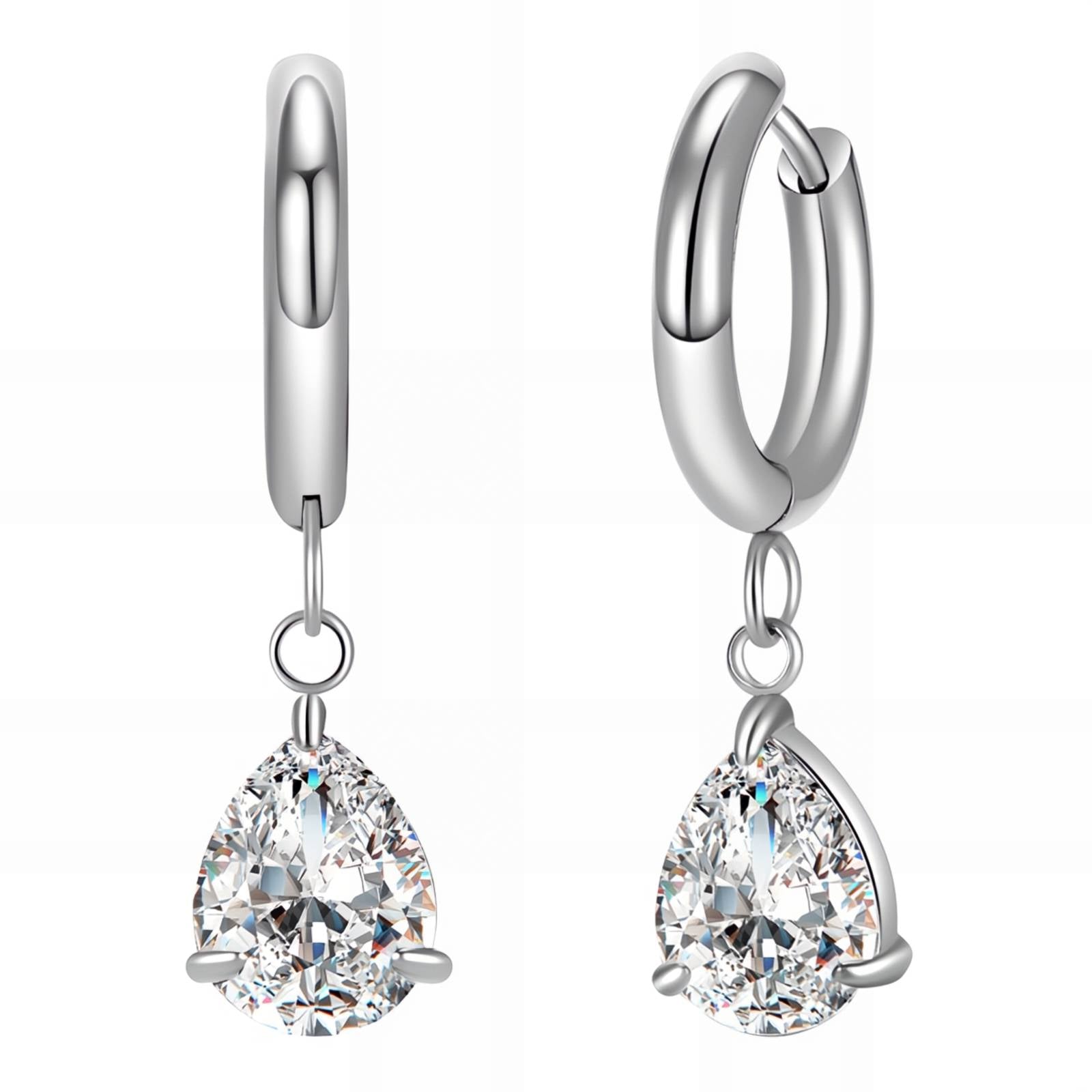 Silver hoop earrings with teardrop-shaped gemstones on a white background