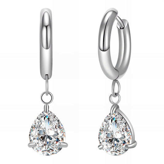 Silver hoop earrings with teardrop-shaped gemstones on a white background