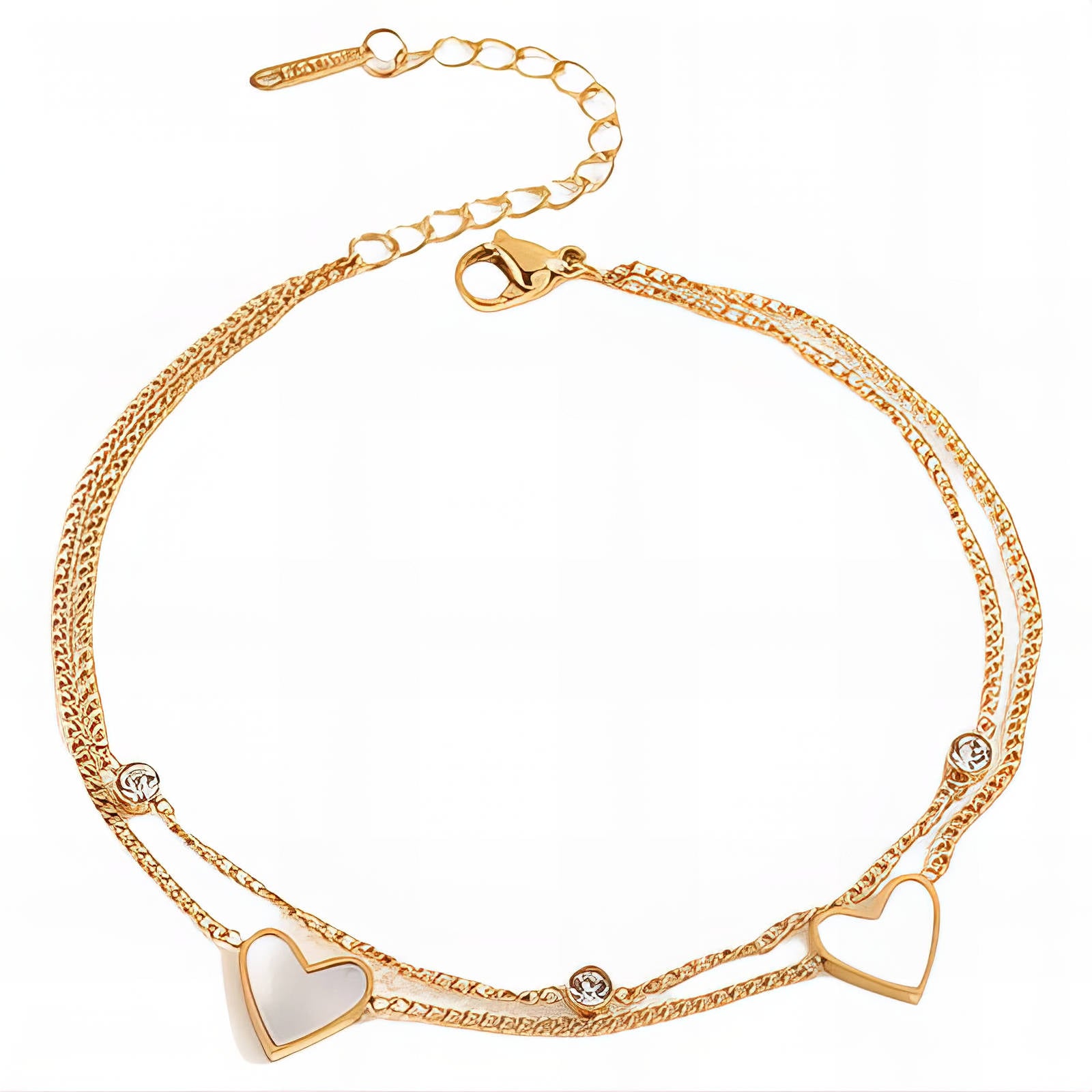 Gold bracelet with heart and diamond designs on a white background