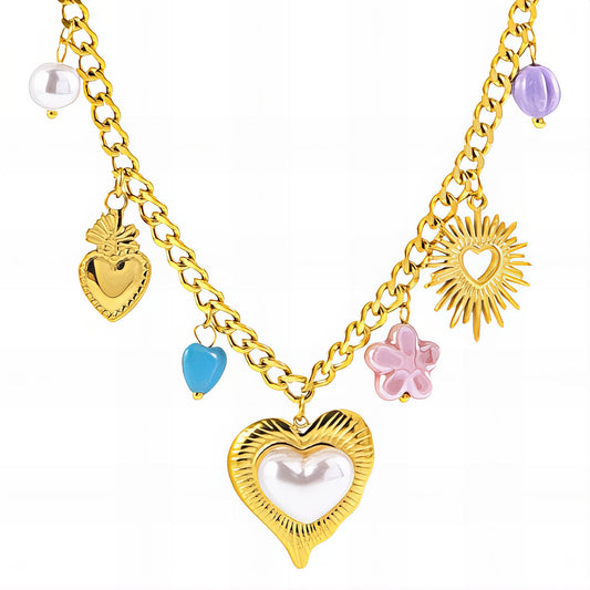 Gold chain necklace with heart, flower, and sun-shaped charms on a white background