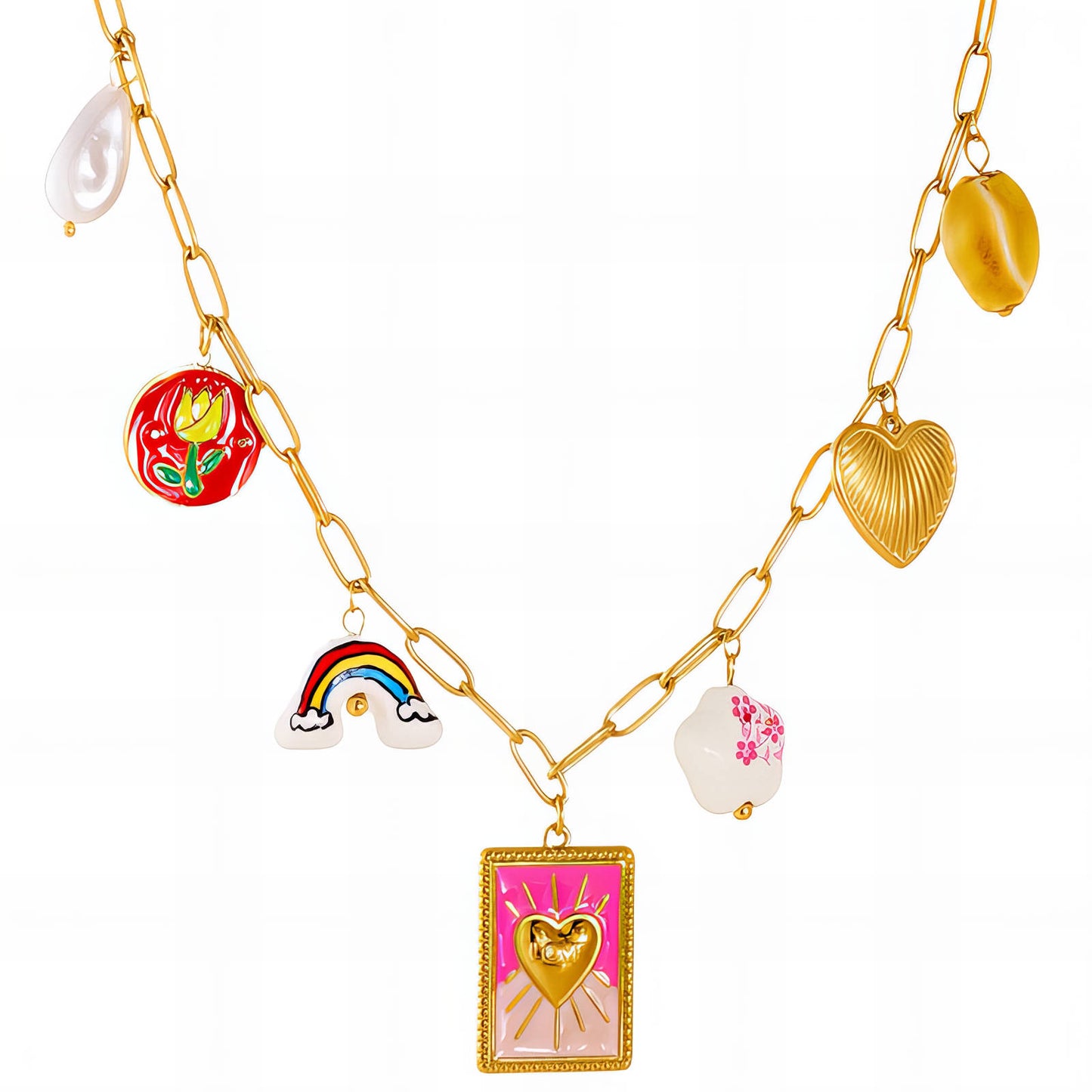 Gold chain necklace with colorful charms on a white background