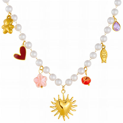 Pearl necklace with colorful charms on a white background