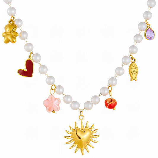 Pearl necklace with colorful charms on a white background