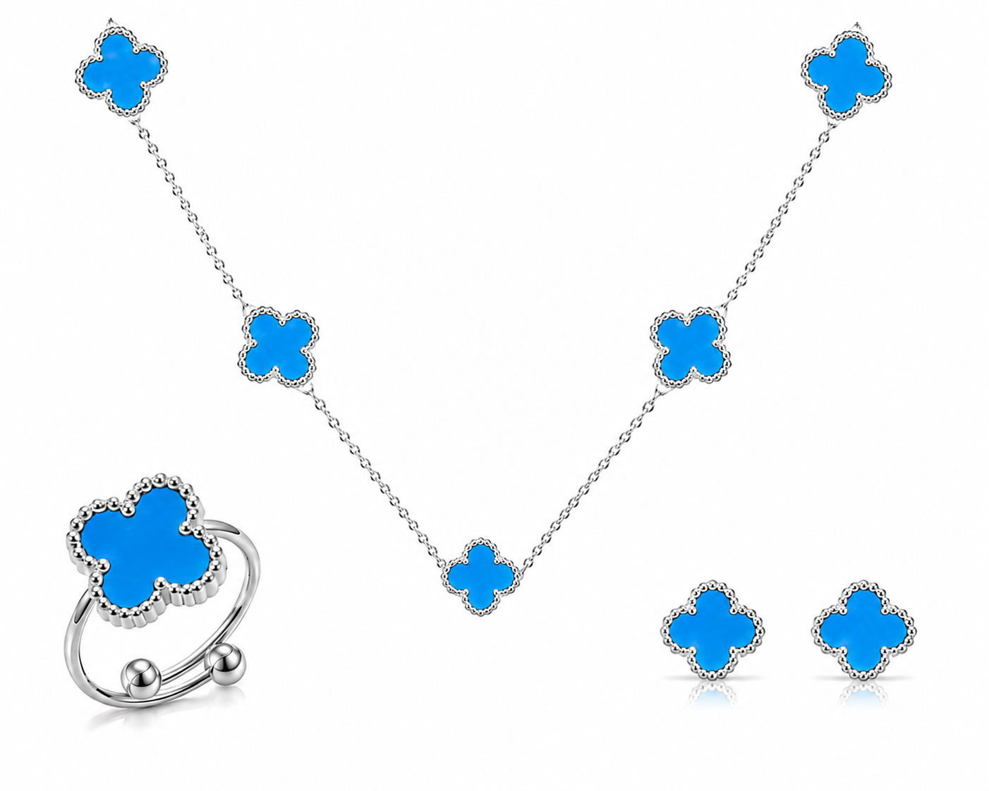 Jewelry set with blue flower-shaped pendants on a white background