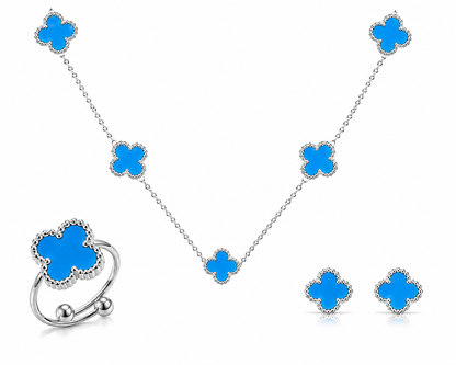 Jewelry set with blue flower-shaped pendants on a white background