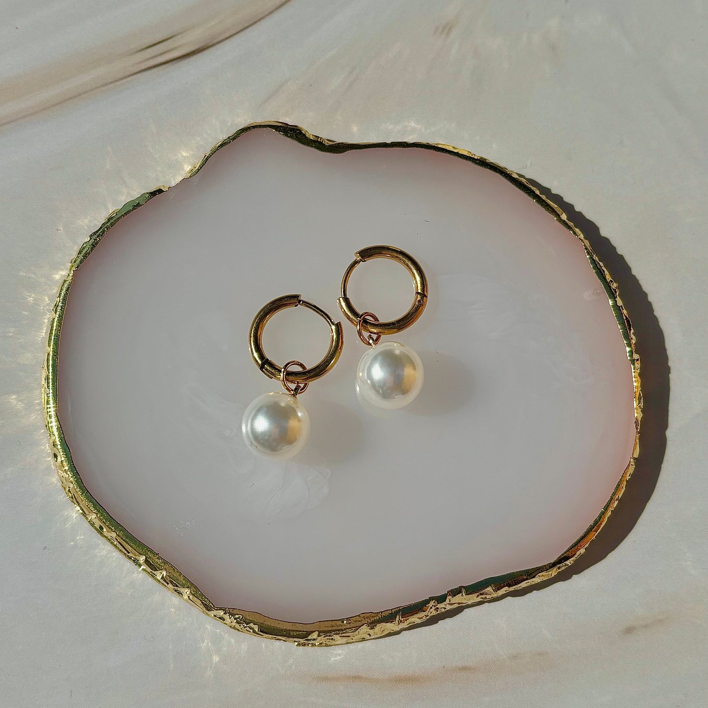 Women's Pearl Drop Hoop Earrings - Stainless Steel