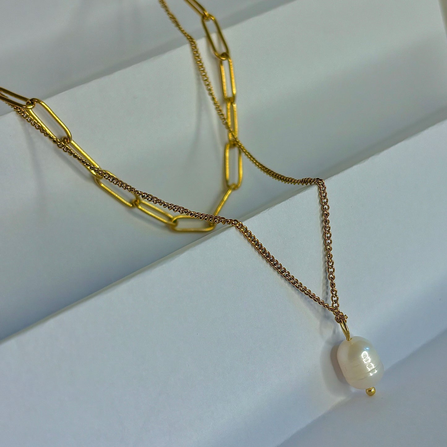 Duo Layered Pearl-Look Paperclip Necklace