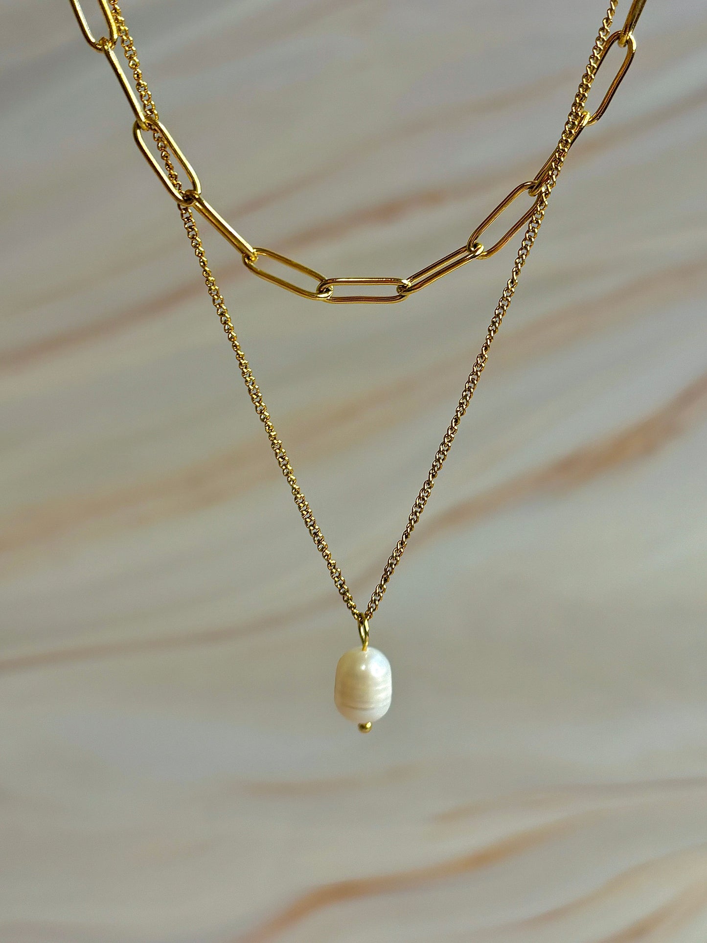 Duo Layered Pearl-Look Paperclip Necklace